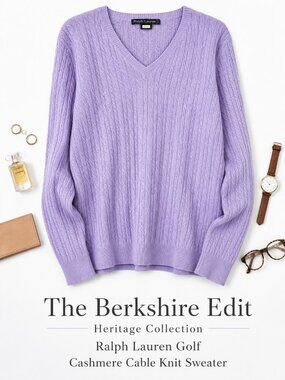 Ralph Lauren Golf 100% Cashmere Cable Knit V Neck Sweater Lavender L